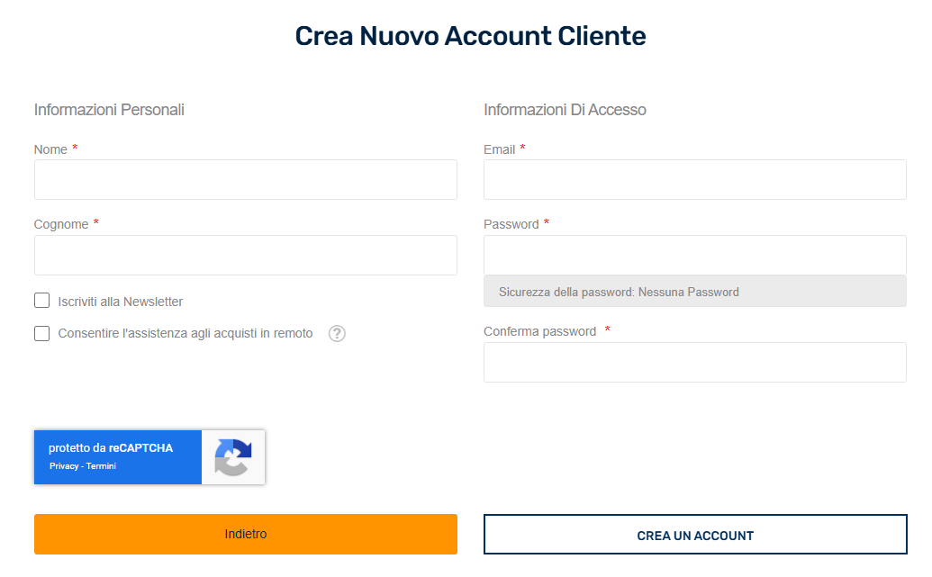 crea nuovo account cliente